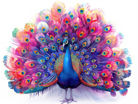 recommend clip art: Vibrant illustration of a peacock with colorful feathers fanned out, showcasing its majestic beauty and striking details on a white background.