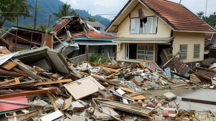 Aftermath of a devastating natural disaster showing wreckage and debris of houses in a damaged neighborhood amid recovery efforts.