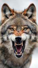 Fototapeta premium Close up of a snarling gray wolf with yellow eyes and sharp white teeth on a white background