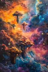 Obraz premium A colorful, fantastical scene of a castle on a mountain top. The castle is surrounded by clouds and stars, giving the impression of a magical, otherworldly place