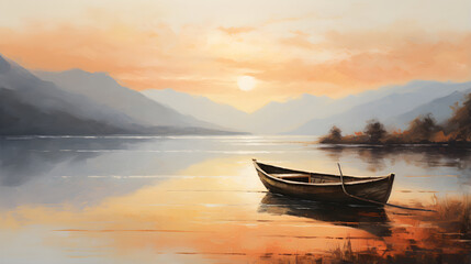 Obraz premium A Moment of Serenity: Tranquil Boat Moored on a Lake Under a Golden Hour Sky