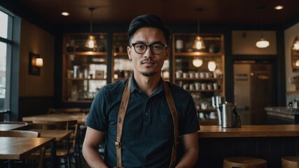 Fototapeta premium A barista standing in a cozy coffee shop, wearing glasses and an apron, with a warm, inviting atmosphere in the background. 