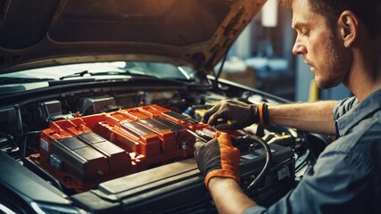 A mechanic working on the battery of an electric car in a garage, highlighting the skills and precision involved in modern automotive repair.
