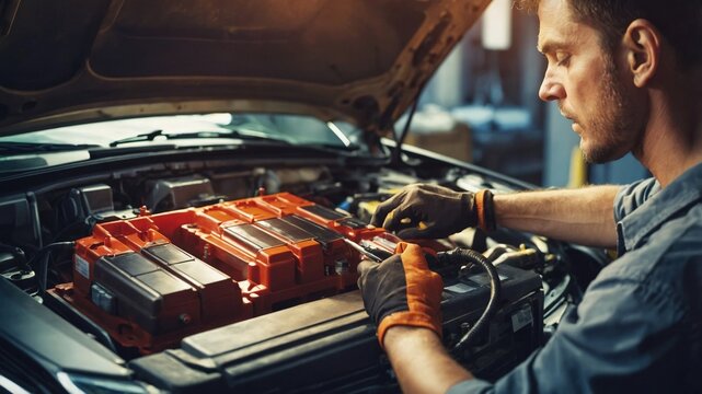 A mechanic working on the battery of an electric car in a garage, highlighting the skills and precision involved in modern automotive repair.
