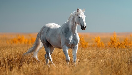 White Horse in a Field of Golden Grass