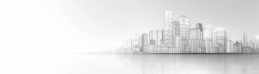 Obraz premium Panoramic view of a modern city skyline in grayscale, reflecting on water. Minimalist architecture, urban landscape, and contemporary design.