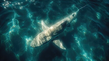 Fototapeta premium Top View of Shark in Blue Water, Photorealistic, Natural Light, High Resolution Photography 