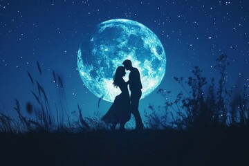 Couple Silhouetted Against A Full Moon In A Starry Night