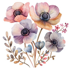 Watercolor Floral Illustration with Poppies and Wildflowers   Delicate Pastel Colors