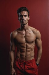 Fototapeta premium Muscular shirtless man wearing red shorts, posing against a dark red background, showcasing a strong and well-defined physique. 
