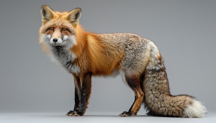 Obraz premium Red Fox Standing Against a Grey Background