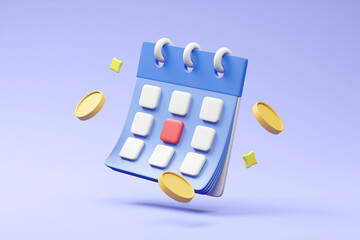 Floating 3D rendered illustration of reminder and payment concept with calendar, coin. For finance, bank, salary, income, schedule, agenda, appointment, reminder, deadline.