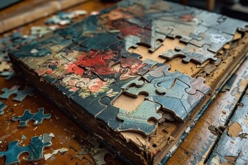 Obraz premium Evokes nostalgia and curiosity with a vintage puzzle box, hinting at the history and stories behind the puzzle.