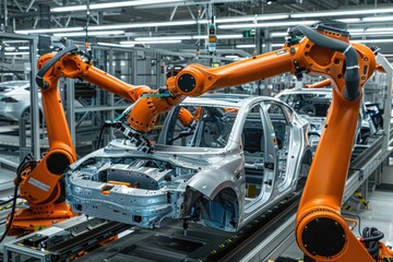 Orange robotic arms installing parts on EV cars in modern factory