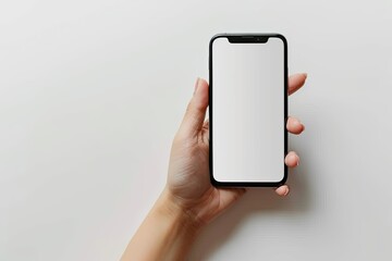 Smartphone mockup on hand with white blank screen created with Generative AI