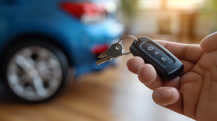 Close-up of a Car Key Held in Hand with Blurred Blue Car in Background