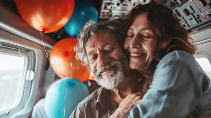 Close-up of a middle-aged couple embracing with balloons inside an airplane, captured from a dynamic angle to convey their joyful bond and adventurous spirit