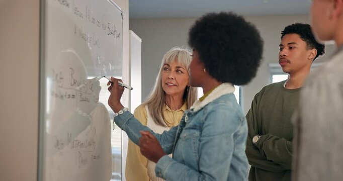 Woman, student and teacher for education presentation on whiteboard of math lecture, solution and writing answer. Professor, people and assessment problem solving, advice and learning at university