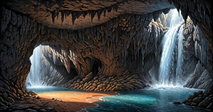 natural cave underground with flowing waterfall into cavern pond lake. rocky stone tunnel with boulders, stalagmites, and stalactites.