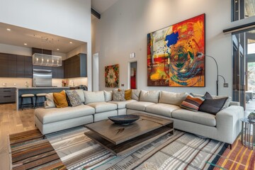 Spacious modern living room with a sectional sofa, contemporary art, and a coffee table