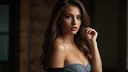 Fototapeta premium Portrait of an elegant young woman in a gray off-shoulder dress, posing gracefully indoors with a soft, thoughtful expression. 