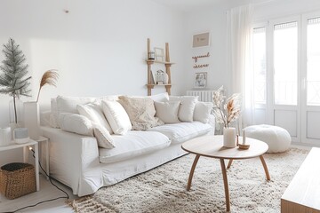 Obraz premium Minimalist white living room with cozy furniture, simple decor, and bright ambiance