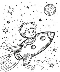 a boy with rocket in space, black and white cartoon illustration for coloring book