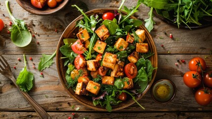 a tofu salad with mixed greens cherry tomatoes