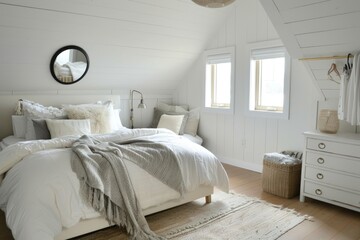 Bright and airy white bedroom featuring a cozy feel and modern furnishings