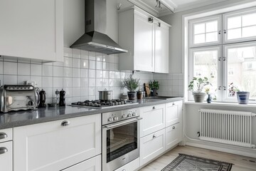 Minimal white kitchen with cozy features and stylish appliances