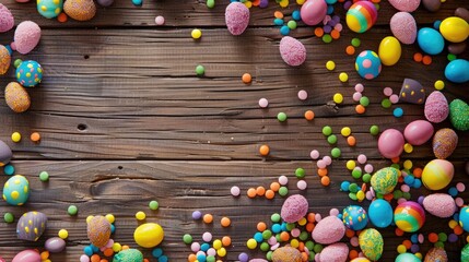 Obraz premium Multicolored Easter sweets on a wooden backdrop