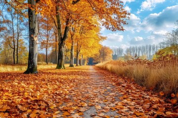 Naklejka premium Autumnal Pathway Through Golden Trees on a Sunny Day
