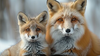 Obraz premium Two Red Foxes In A Wintery Setting