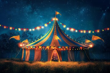 Fototapeta premium Colorful Circus Tent Illuminated at Night in a Forest Setting