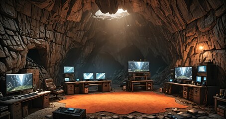 underground house interior. secret base lair in cave interior. high tech with monitors, tv, televisions and homely furnishing. rock and smooth stone.