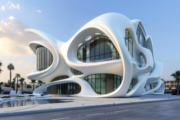 Modern White Curvilinear House With Large Windows and Pool