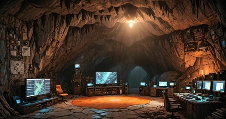 underground house interior. secret base lair in cave interior. high tech with monitors, tv, televisions and homely furnishing. rock and smooth stone.
