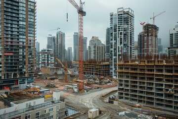 Construction Site With Tower Cranes and Skyscrapers in Urban Cityscape