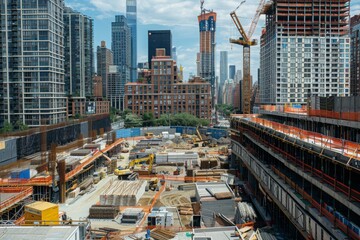 Construction Site in Mid-City Manhattan With Crane and High-Rise Buildings