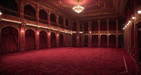 interior of auditorium ballroom in mansion palace hotel castle building. red and gold gothic decor and embellishments lavish decor. chandelier and candle lighting.