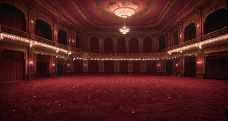 interior of auditorium ballroom in mansion palace hotel castle building. red and gold gothic decor and embellishments lavish decor. chandelier and candle lighting.