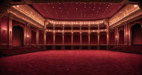 Obraz premium interior of auditorium ballroom in mansion palace hotel castle building. red and gold gothic decor and embellishments lavish decor. chandelier and candle lighting.