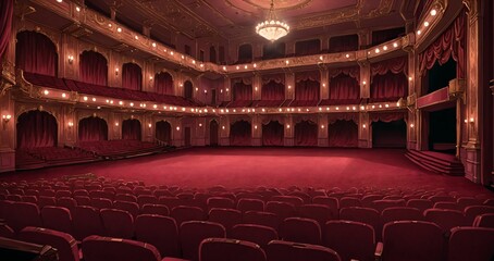 Obraz premium interior of auditorium ballroom in mansion palace hotel castle building. red and gold gothic decor and embellishments lavish decor. chandelier and candle lighting.