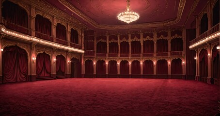 Obraz premium interior of auditorium ballroom in mansion palace hotel castle building. red and gold gothic decor and embellishments lavish decor. chandelier and candle lighting.