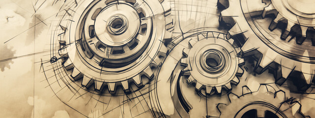 Fototapeta premium Detailed sketch of intricate factory machinery and gears, mechanical design, hand drawn style. 