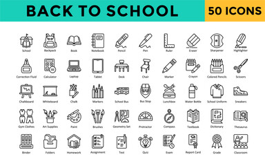 Back to School icon set with school, backpack, book, notebook, pencil, pen, ruler, eraser, sharpener, highlighter icon. Simple line vector