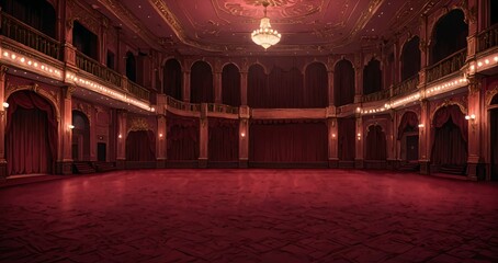 interior of auditorium ballroom in mansion palace hotel castle building. red and gold gothic decor and embellishments lavish decor. chandelier and candle lighting.
