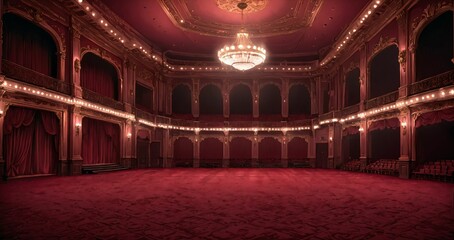 Obraz premium interior of auditorium ballroom in mansion palace hotel castle building. red and gold gothic decor and embellishments lavish decor. chandelier and candle lighting.