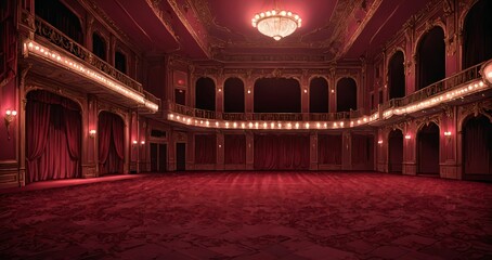 interior of auditorium ballroom in mansion palace hotel castle building. red and gold gothic decor and embellishments lavish decor. chandelier and candle lighting.