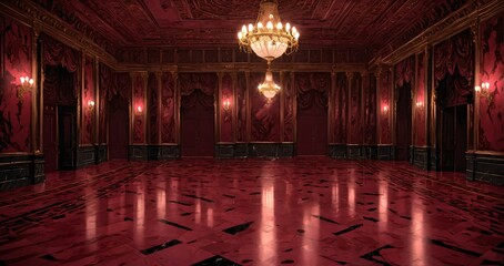 interior of auditorium ballroom in mansion palace hotel castle building. red and gold gothic decor and embellishments lavish decor. chandelier and candle lighting.